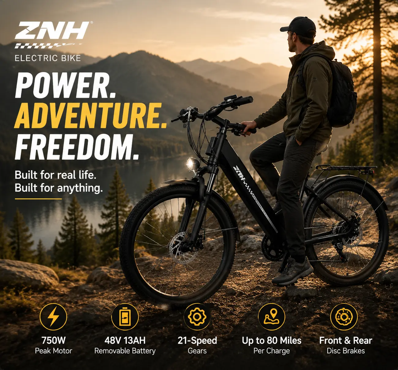 ZNH Adult Electric Bike, 26 Inches All-Terrain Ebike with 750W Peak Brushless Motor, 48V 13Ah Long-Range Battery, 50 Mi Range, 7-Speed Gears, Suspension Fork, 26"x2.35" Tires & UL2849 Certification