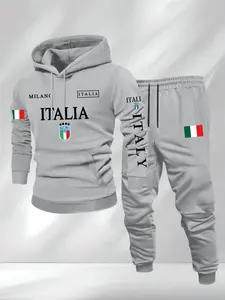 Men's Hooded Sweatshirt Set 2-Piece Letter Flag Print, Casual Loose-Fitting Long Pants, Fall & Winter Fashion, Comfortable Sportswear, Athletic Activewear Tracksuits
