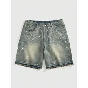 Glitter Rhinestone Denim Shorts Frayed Raw Hem Straight Leg Street Jean Shorts