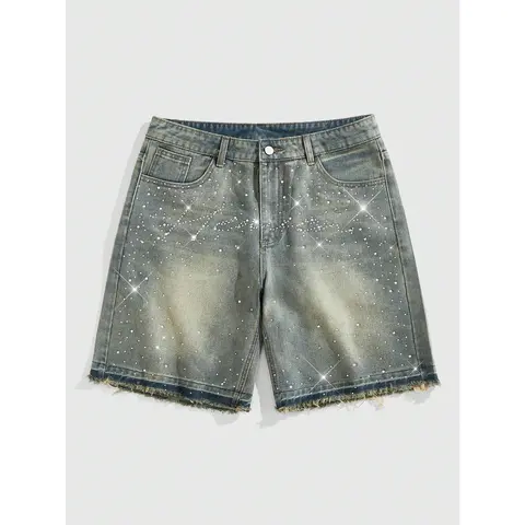 DealsForYouDays Glitter Rhinestone Denim Shorts Frayed Raw Hem Straight Leg Street Jean Shorts