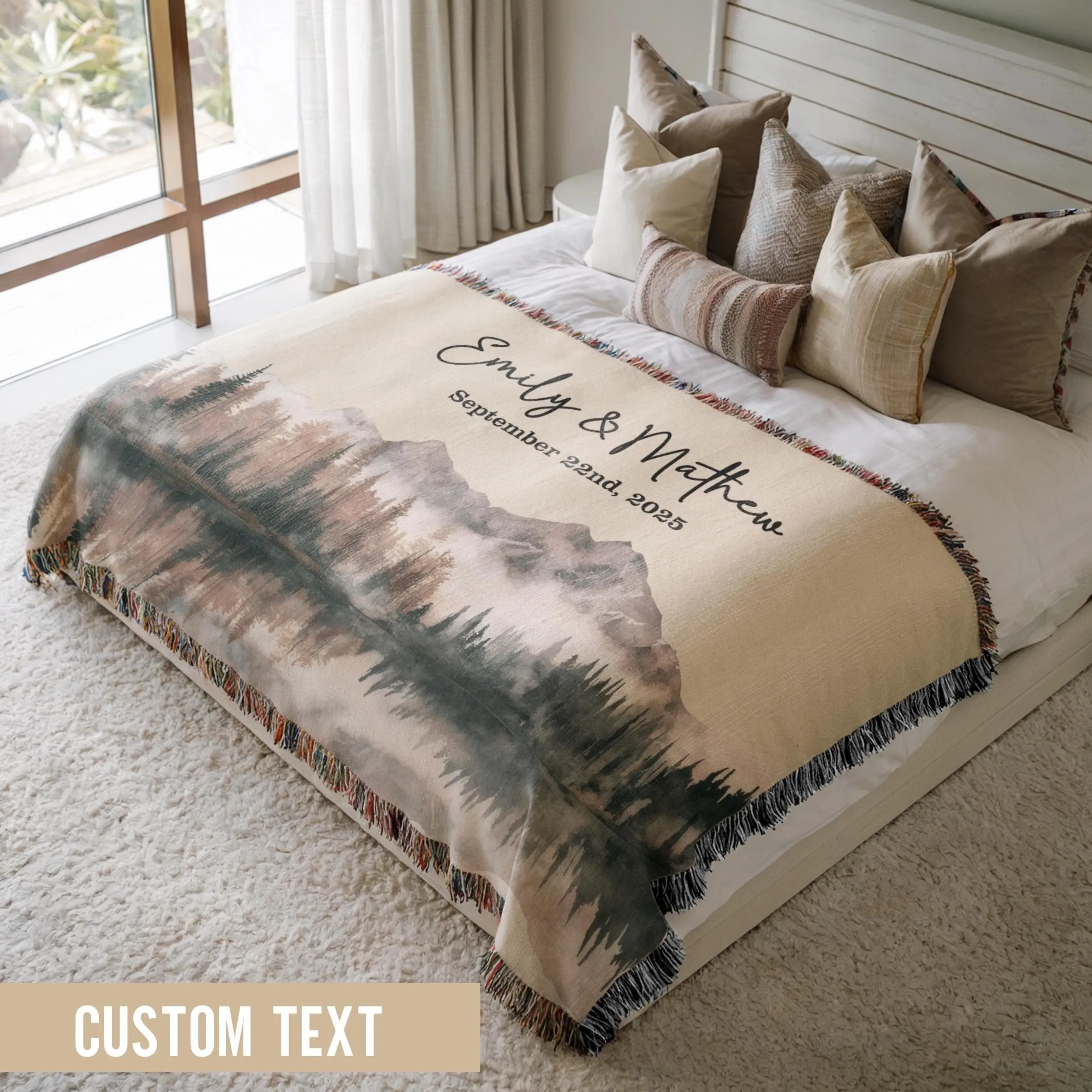 Personalized Nature Woven Blanket, Custom Cotton Throw With Mountains And Wildflowers, Wedding Gift For Outdoorsy Couple, Anniversary Decor