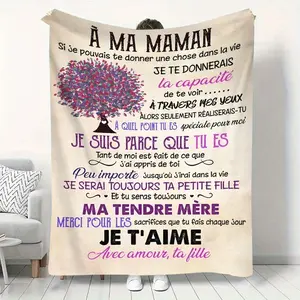 Mother's Love Blanket - Soft Flannel Throw with Bilingual "À Ma Maman" Design, Heartfelt Phrases & Floral Tree Pattern, All-Season Cozy Sofa Bed Blanket for Women, Mothers, Sentimental Gift, Contemporary Design, Cute Blanket