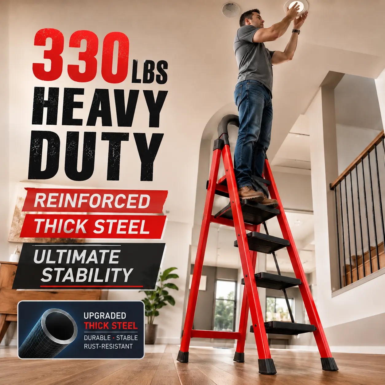 5-Step Foldable Step Ladder Stool - Heavy Duty Portable Collapsible Ladder with Anti-Slip Pedals, Small Hooks, Lightweight Port. for Home & Kitchen Use