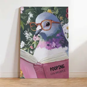 Funny Pigeon Reading Pooping Wall Art,Modern Canvas Poster Print, Humorous Bird Animal Bathroom Decor, Living Room Bedroom Decoration