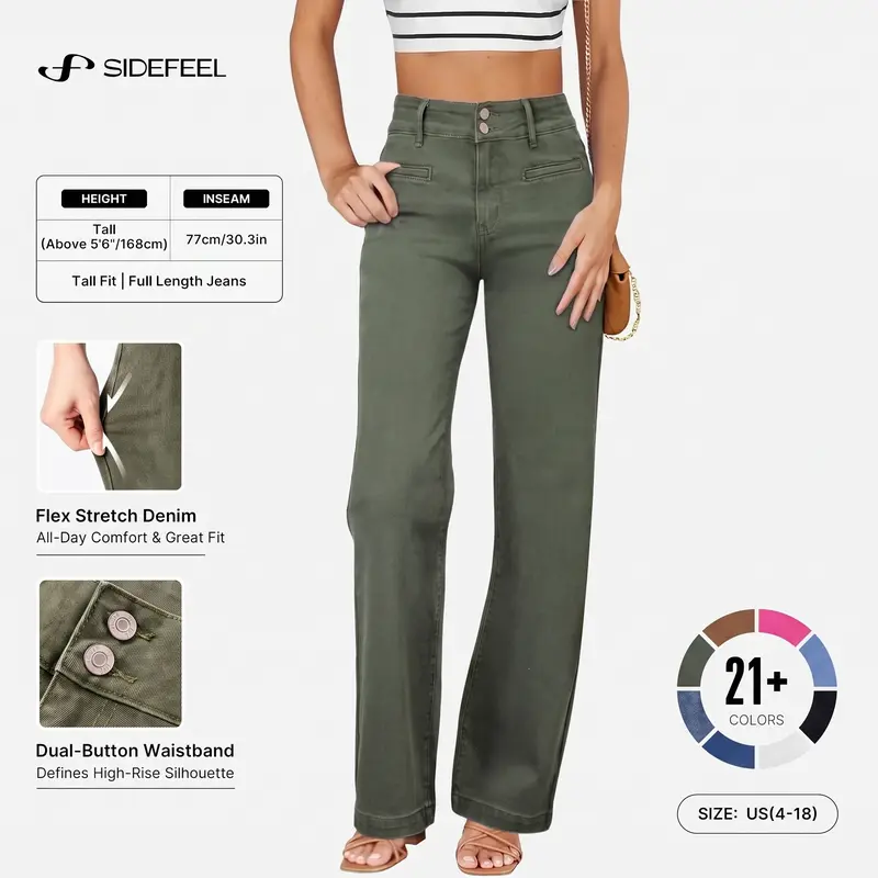 Sidefeel Women's Jeans High Waisted Straight Leg Stretchy Jeans Trendy Welt Pockets Loose Wide Leg Zimbaplatinum Denim Pants Fall Outfit