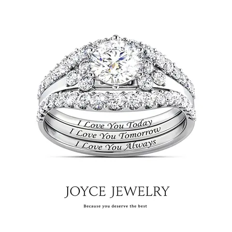 Zircon Fashion 3-Piece "I Love You" Letter Rings Set, Unisex Artificial Gemstone Promise Ring GF, Adults' Accessories, Adults' Gifts, Matching Wedding Jewelry Set