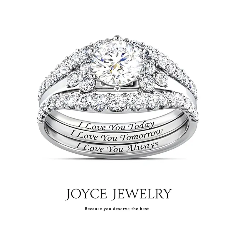 Zircon Fashion 3-Piece "I Love You" Letter Rings Set, Unisex Artificial Gemstone Promise Ring GF, Adults' Accessories, Adults' Gifts, Matching Wedding Jewelry Set