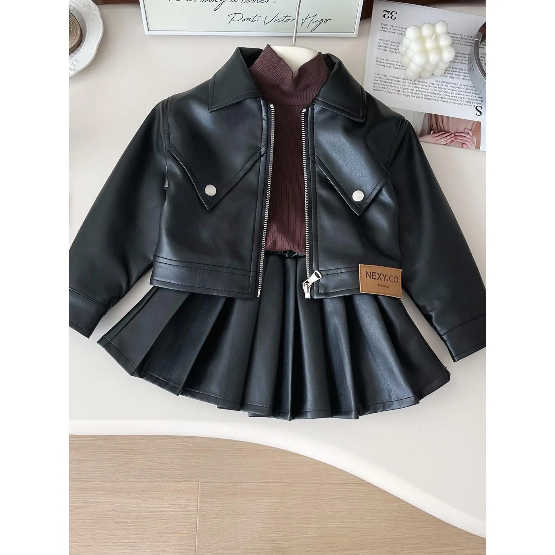 ' Fashion Faux Leather Jacket and Pleated Skirt Set for Ages 12 and Under - 73% Polyurethane, 24% Polyester, 3%, Non-Stretch Woven Fabric, Peplum Top with Flared Hem, Solid Color, Suitable for Spring/Fall