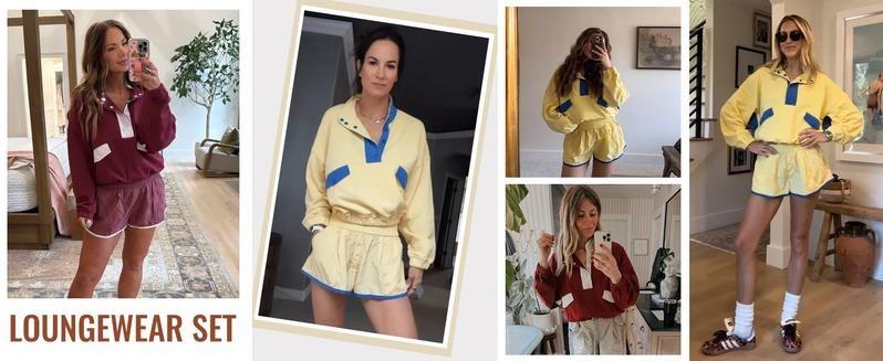 WoodBerry Women's Two Piece Workout Short Sets Summer Lounge Sweatsuits Long Sleeve Athletic Outfits Pullover Sweatshirt and Shorts Travel Tracksuit with Pockets