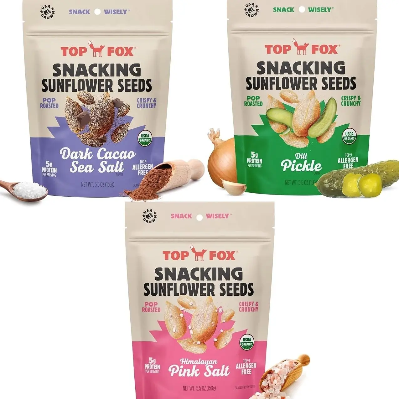 Top Fox Snacks Sunflower Seeds To Eat (Himalayan Salt, Dark Cacao Salt & Sea Salt, Dill Pickle Variety, 5.5 oz, Pack of 6) – Keto Friendly Snacks, Gluten Free Snacks, Protein Snacks, & Vegan - Organic