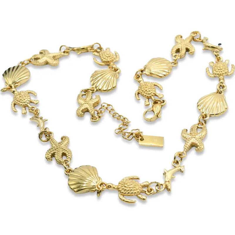 Mini Coastal Charm Necklace with Gold-Tone Sea Charms Including Turtles Shells Dolphins and Sea Stars