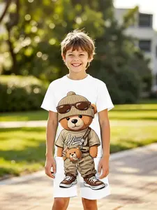 Trendy Streetwear 3D Cartoon Bear Kids Set, Loose Fit Short Sleeve Shorts, Essential Summer, Perfect Birthday & Holiday Gift!