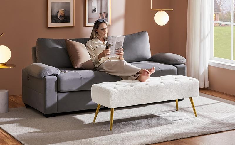 Yaheetech Ottoman Footstool Bench Boucle/Velvet Benches Upholstered Footrest with Gold Metal Legs and Padded Seat for Living Room