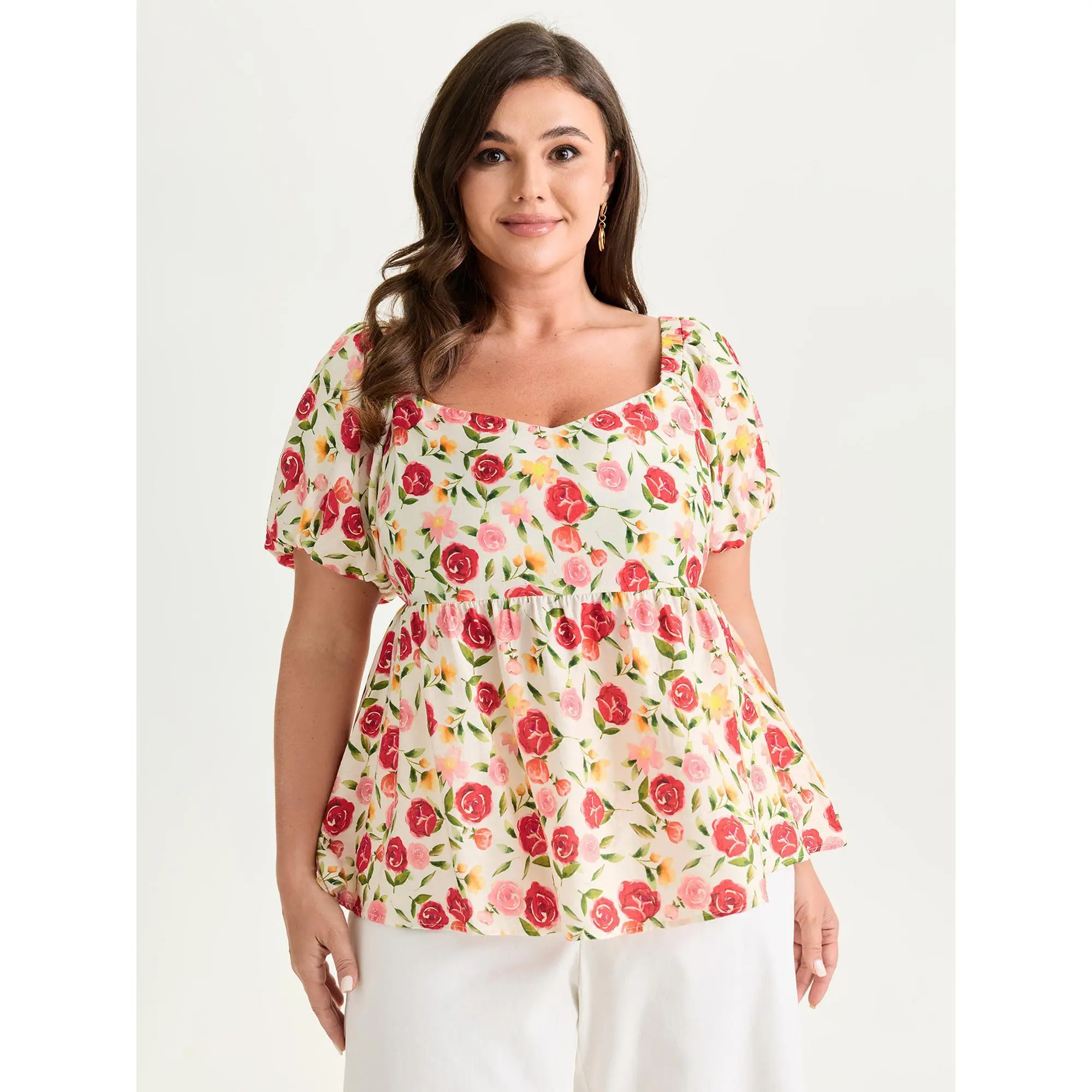 BloomChic Plus Size Ditsy Floral Babydoll Blouse with a Smocked Bodice and Short Lantern Sleeves in a Rayon Blend, [M-6X] 2026 SummerfindsShirts, Blouses, Baby Doll Tops, Short Sleeves, Garment, Cropped Top, Casual, Do Not Tumble Dry, Smooth, Nylon, Short
