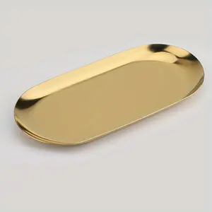 Stainless Steel Decorative Tray, 17.78 cm Long, Jewelry And Cosmetics Organizer for Bathroom Clutter, Small Storage Tray, Oval Shape, Available in Golden And Silver.