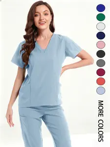 High Elastic Breathable V-Neck Multi-Pocket Medical Workwear Set, Simple Solid Short Sleeve, Suitable for Nurses, Dentists, Spa, Clinics