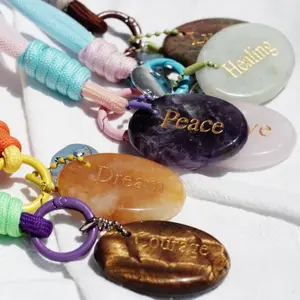 Natural Crystal Energy Stone Charm – Engraved HealingGem Keychain for Phone, Bag & Spiritual Style Accessories for Women