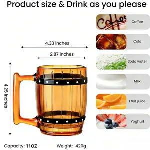 Premium 11oz Amber Barrel Glass Beer Mug - Thick Glass to Keep Drinks Cold Longer, Authentic Barrel Texture - Enhances the Sipping Experience for Craft Beer, Stout & Lager - Ideal for Beer Connoisseurs & Casual Drinkers Alike