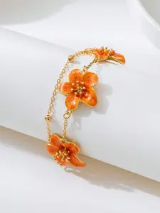 1pc Summer Vacation Style Elegant Orange Ombre Floral Design Double Layer Five-Petal Flower Bracelet For Women, Wedding Gift