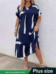 【Plus Size】 All Over Print Dress, Casual Short Sleeve Dress for Daily Wear, Women's Plus Clothing for All Seasons, Summer Dresses