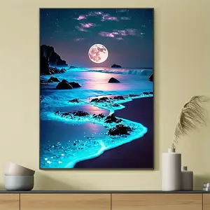 2D Flat, 2D Flat, 1Pc Luminous Moonlit Seascape Canvas Wall Art Poster Ocean Night Scene Print, Glowing Beach Decor For Home, Bedroom, Living Room, Bathroom, Office, Cafe