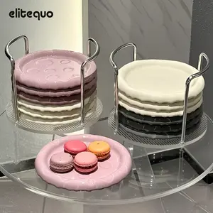 ELITEQUO 7-Piece Ceramic Plate Set with Holder, Cheese-Inspired Design for Appetizers, Desserts & Snacks, Durable & Easy to Clean, Purple & White fiestaware