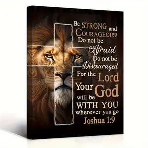 JIT 1pc Wooden Framed Canvas Painting, Lion Of Judah, Joshua Be Strong And Courage Wall Art Prints With Frame, For Living Room Bedroom, Home Decoration, Festival Gift
