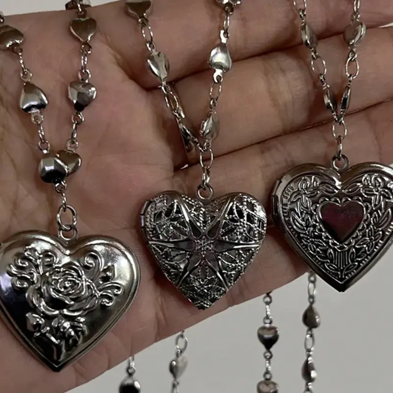 3pc Romantic Heart Pendant Box Set, Openable Photo Frame Necklace, Love Heart Necklace, Unisex Jewelry Gift, Elegant Alloy Design, Anniversary Necklace, Sentimental necklaces, All Seasons