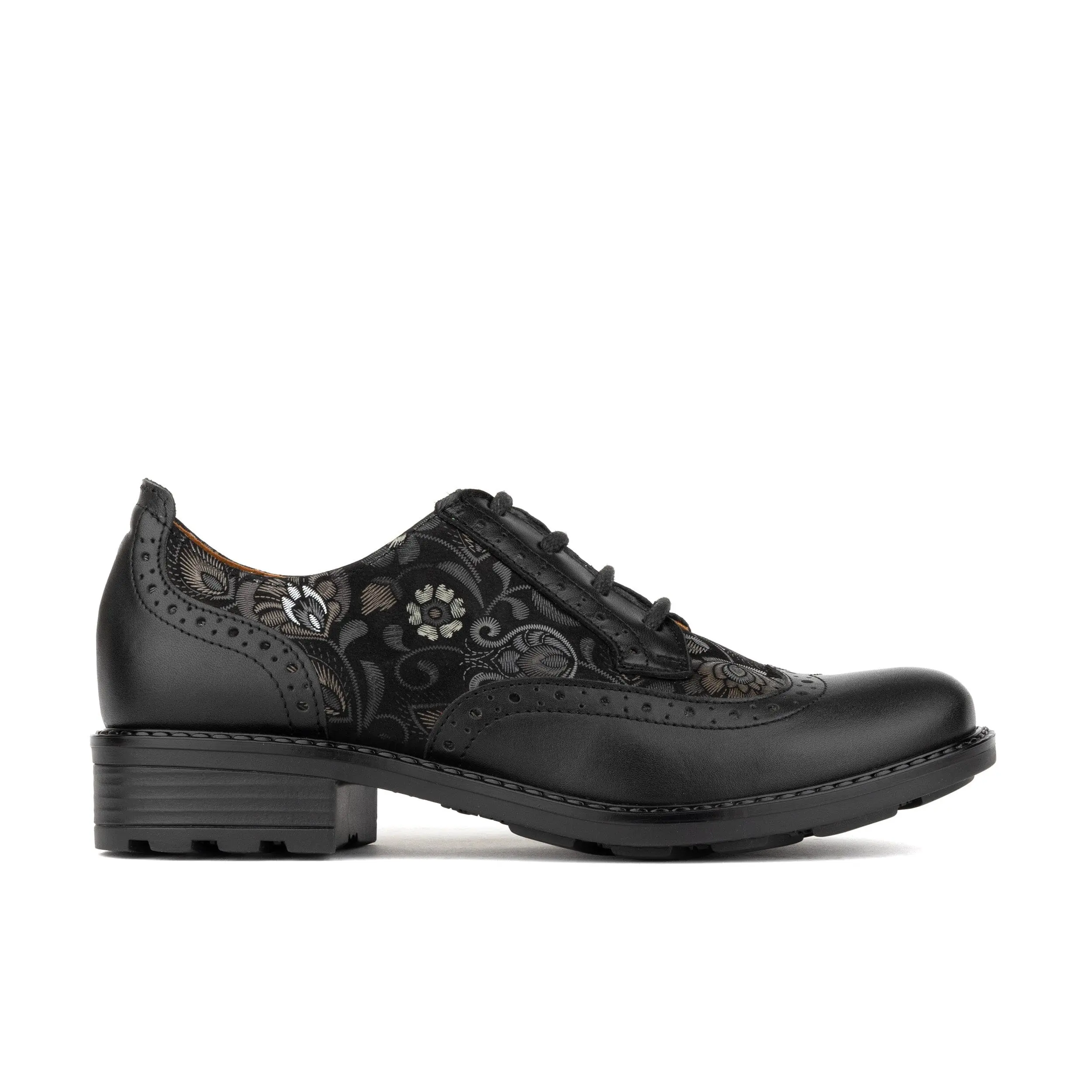 Camden Black Emboss Women's Oxford Shoes Round Toe Laces All Seasons Wide Fit Italian Leather Comfortable Rubber Soles Footwear Girl