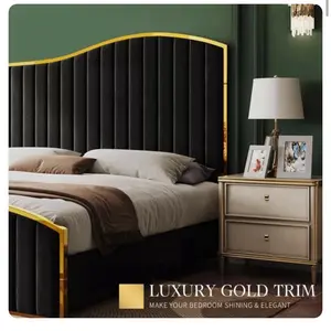 Luxury Gold Trim Queen Size Bed Frame 61.4" High Headboard Platform Bed Velvet Upholstered with Gold Trim & Footboard No Box Spring Required