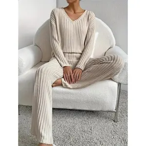 Vibrant Polyester Knit Pants Set - V-Neck Long Sleeve Top, Pocket Straight Leg Pants, Elegant Outfit for Spring/Fall - Machine Washable, Mid Elasticity, No Printing, Solid Color,fall outfits 2026