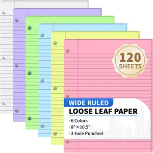 120 Sheets Loose Leaf Binder Paper 6-Color Wide Ruled Lined Paper 8” x 10.5” 3-Hole Punched Notebook Writing Paper for School Office