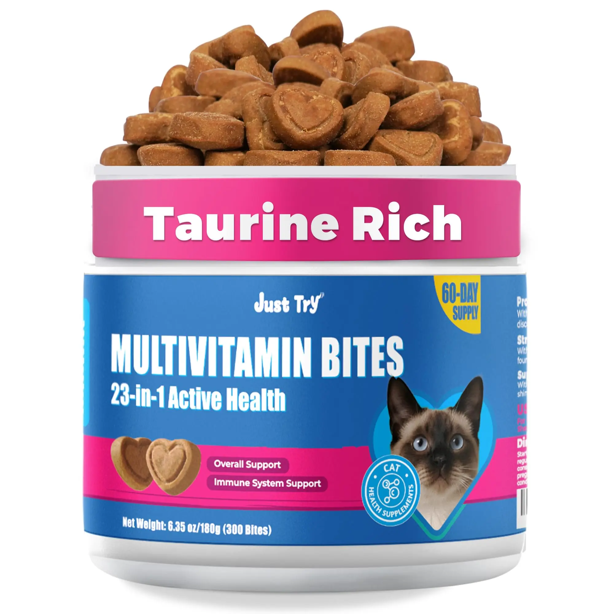 Just Try 23 in 1 Taurine for Cats Vitamins Treats with L-Lysine for Immune, Joint Support Skin & Coat & Heart Health - Multivitamin, HIV Omega 3, Biotin Supplements for Indoor & Senior Cat - 300 Bites #backtoschool #sohochic