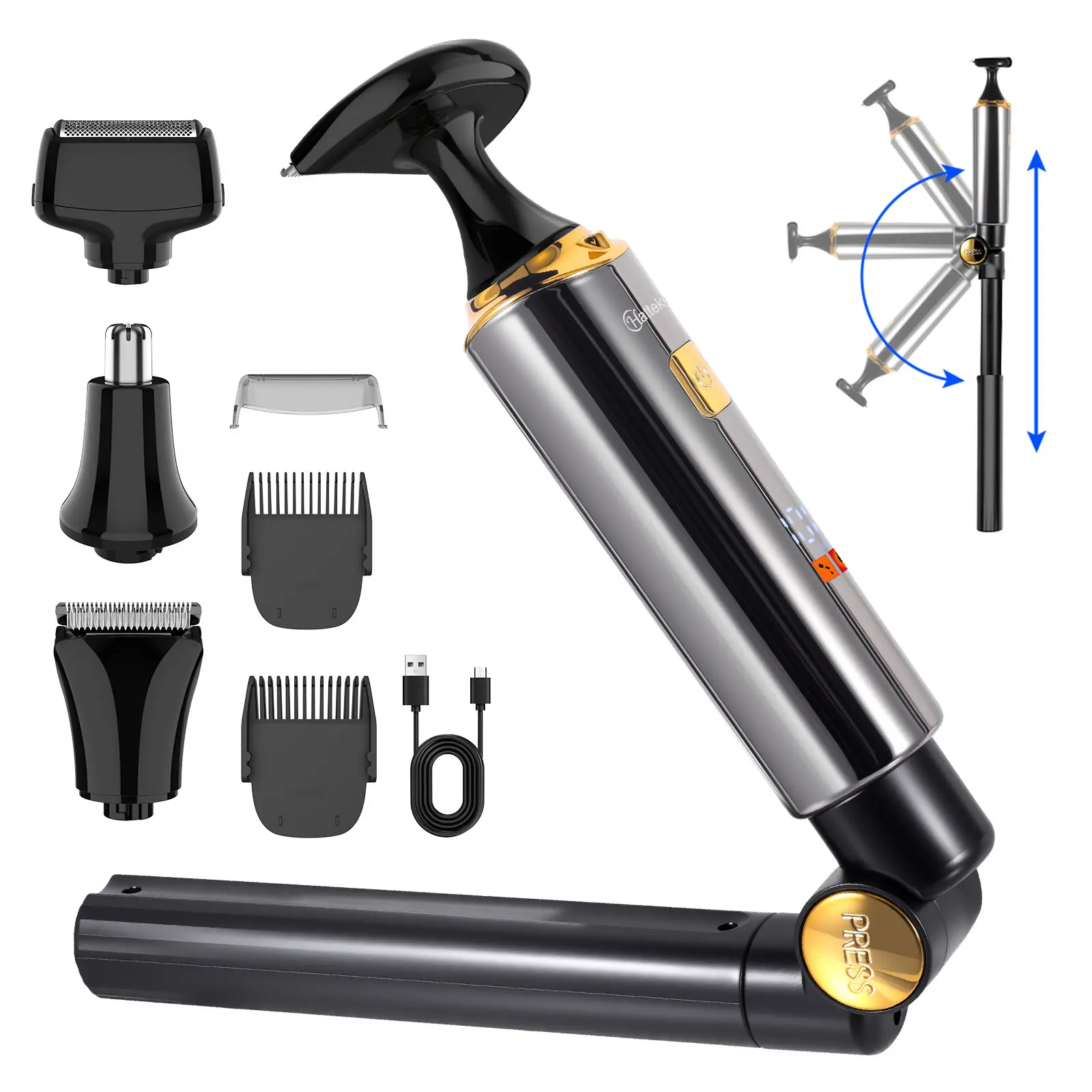 Hatteker Electric Mens Back Shaver Body Trimmer Hair Groomer 4 in 1 Kit with Extendable Auxiliary Arm Waterproof Facial,Chin,Arm,Back,Pubic Hair Trimmer Grooming Set