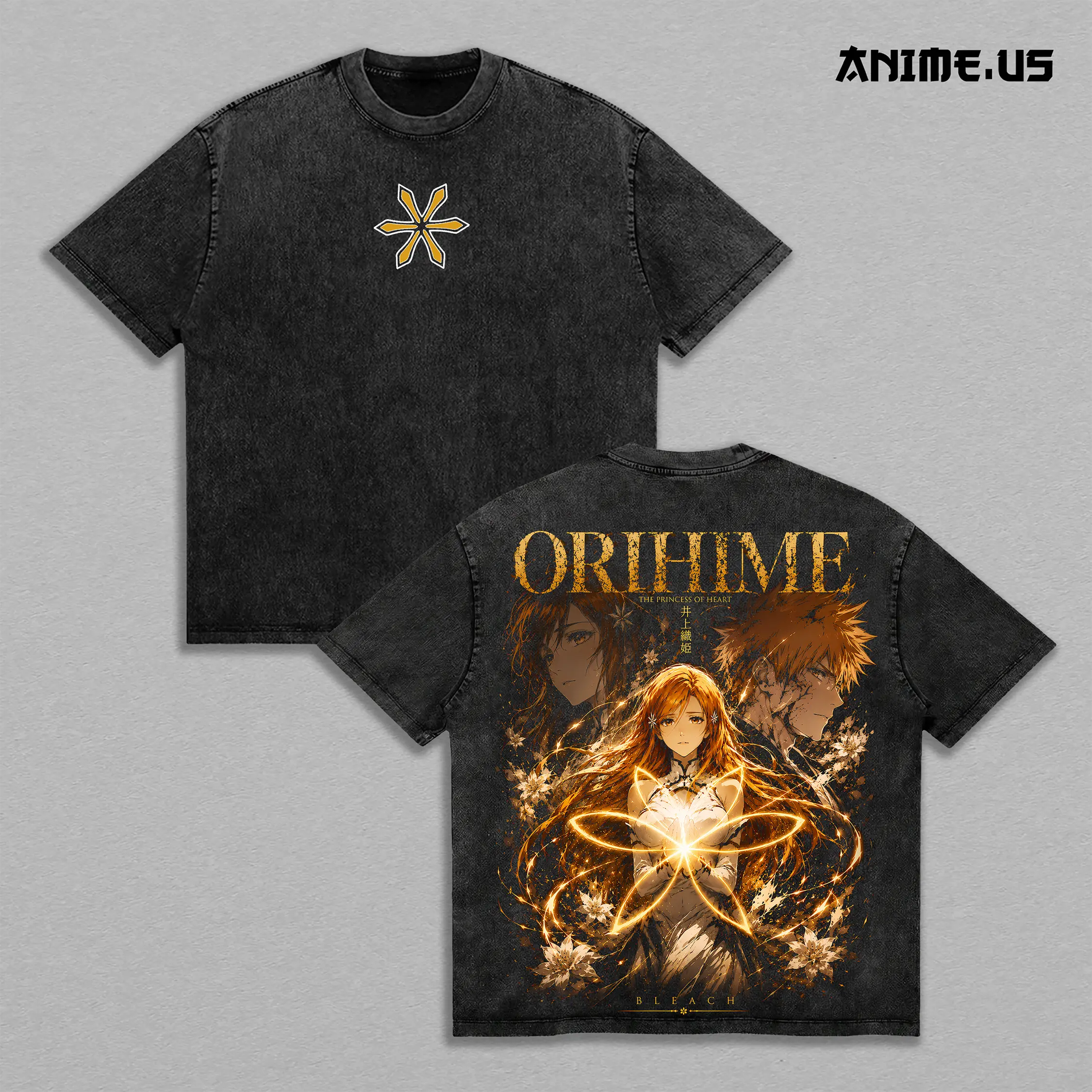 Orihime Inoue Princess of Heart Bleach Anime Graphic Tee Soul Reaper Manga Vintage Washed Oversized Streetwear Heavyweight Cotton Floral Back Print Shirt