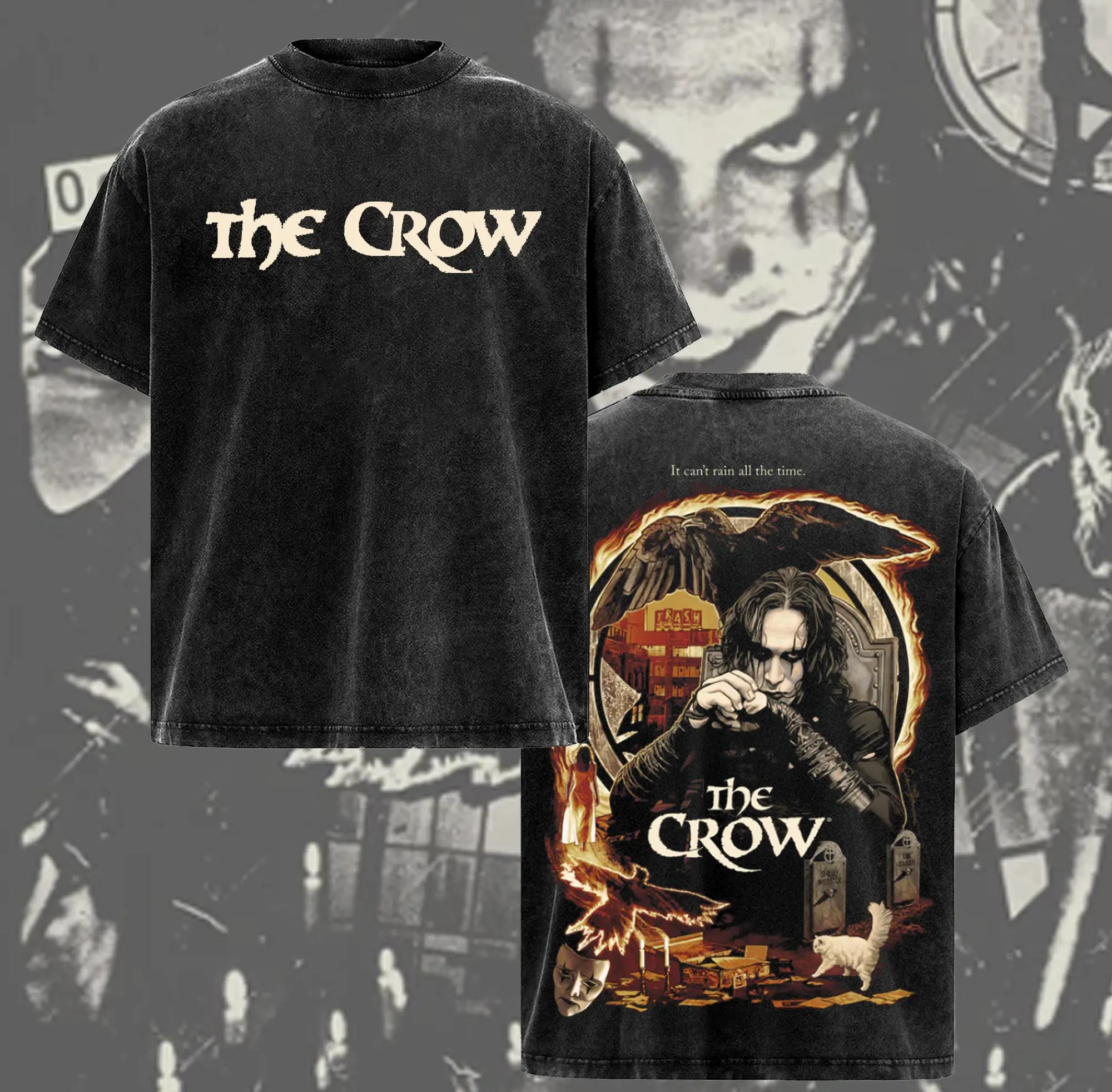 Oversized Vintage Washed “The Crow” Graphic Tee – Dark Gothic Raven Streetwear Shirt, thecrow, gothicstreetwear, vintagetee, acidwashedtee, darkfashion