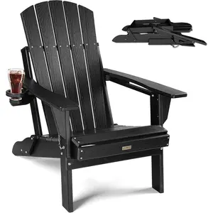 Folding Adirondack Chair with Cup Holder, Plastic HDPE Adirondack Furniture, Composite Foldable Fire Pit Chairs for Outdoor, Backyard, Garden, Lawn, Deck, Porch, Patio