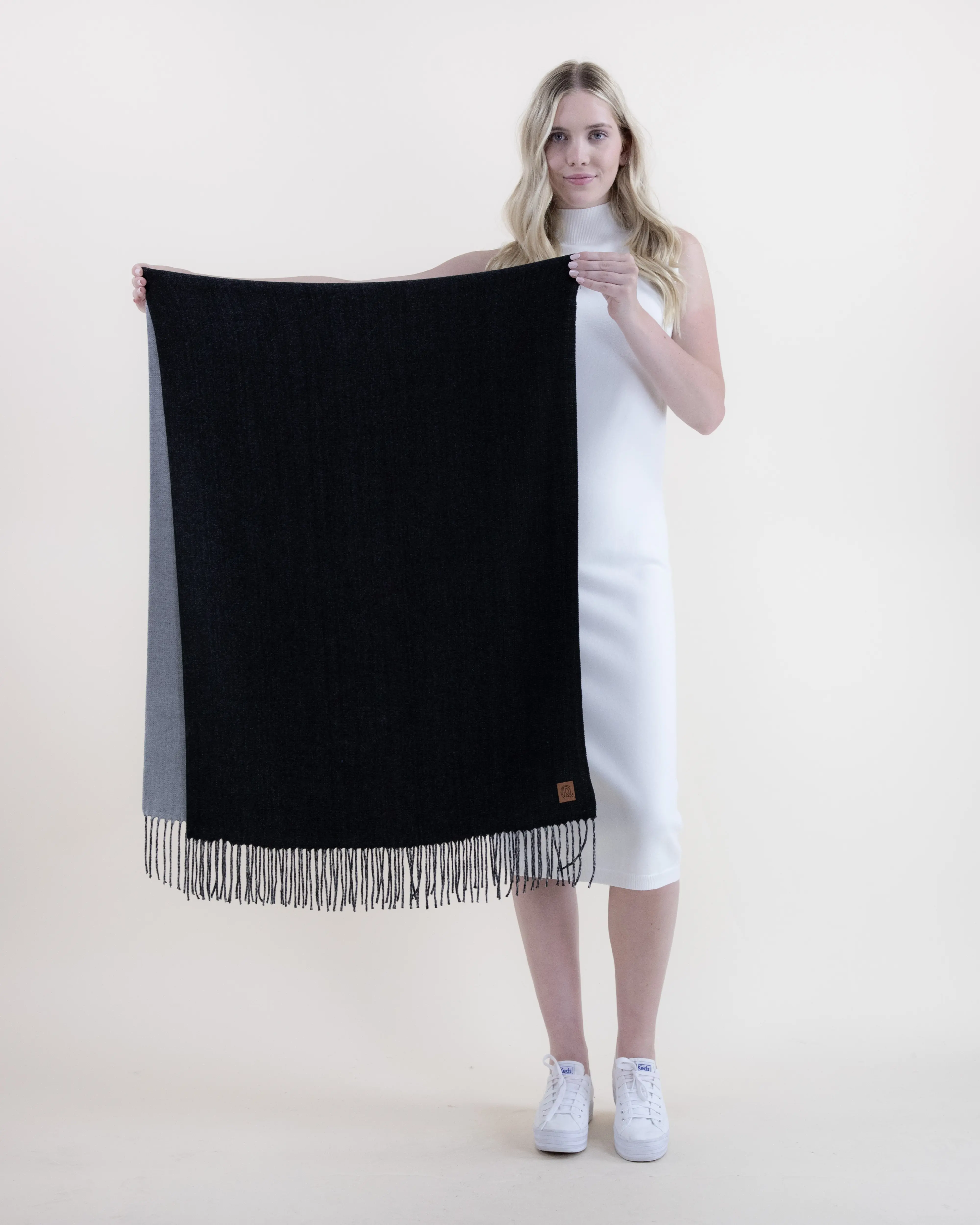 Women's Double-Sided Solid Reversible Winter Scarf - Natural Tone Premium Warm Oversized Shawl with Fringe Details Acrylic Wool Blend