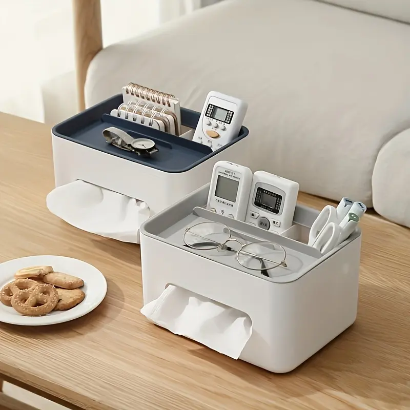 1pc Multifunctional Desk Organizer with Tissue Box, Drawer, Remote Control & Sundry Storage Holder, Desktop Storage Box for Office, Desk Tidy