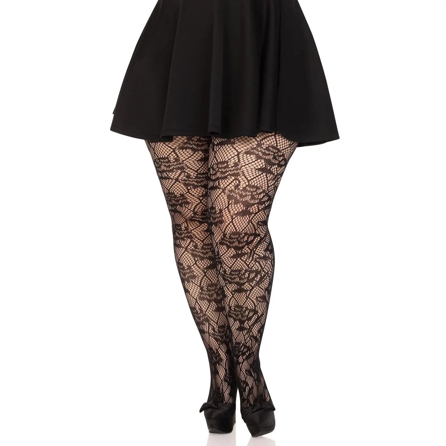 Women's Gothic Breathable Floral Lace Soft Dead Roses Fishnet Tights, Plus Size