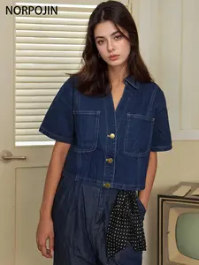 Women's Short Casual Boxy Cropped Denim Top with Pockets Shirt