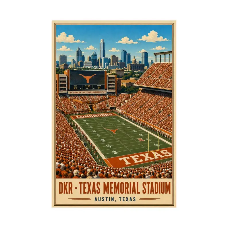 DKR Texas Memorial Stadium Poster, Austin Texas Wall Art, Longhorns Football Print, UT Stadium Art, Vintage Sports Poster
