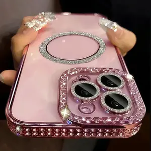 Sparkling Rhinestone Magnetic Phone Case for iPhone 17 Air 16 15 14 13 12 11 Plus Pro Max, Anti-Drop Shockproof Fashion Women's Cover