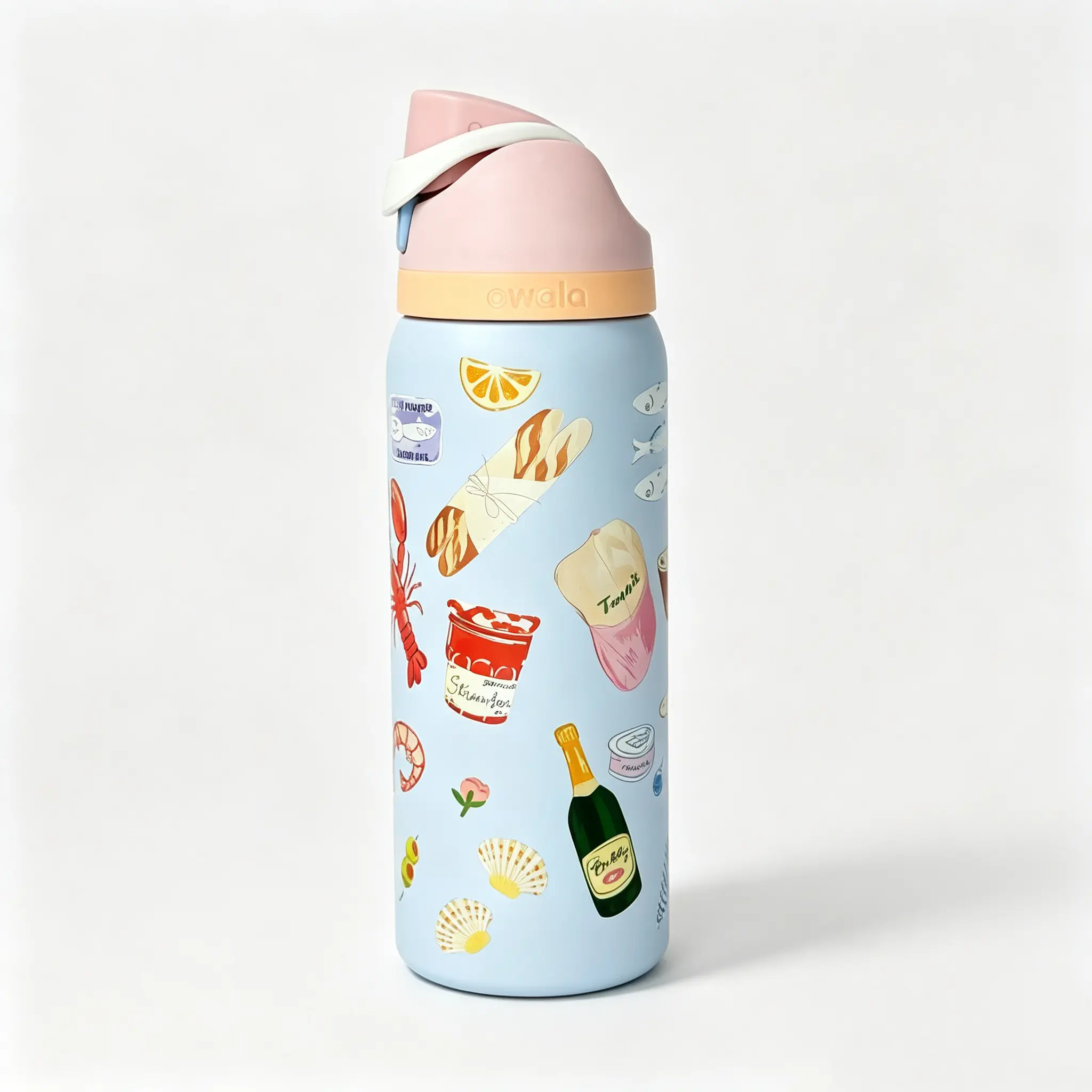 Owala FreeSip 32oz Stainless Steel Insulated Water Bottle Tumbler, 24-Hour Cold Retention, Leak-Proof Flip Carry Lid, Cute Coastal Lobster Seashell Champagne Bread Print, for Beach Picnic, Camping, Daily Use