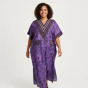 Elegant Purple Batik/ Kampala Kaftan Dress with V-Neckline  Aso oke with 2 front pocket and Geometric Patterns for Women