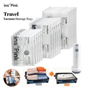 Inspink Vacuum Sealed Bags with 25W Wireless Pump, 9/15-Pack Travel Compression Bags Set, Space-Saving Storage Organizer for Clothes, Bedding & Travel, Portable Luggage Closet Compressor, Vacuum Sealed Bag, Memorial Day Sale Deals