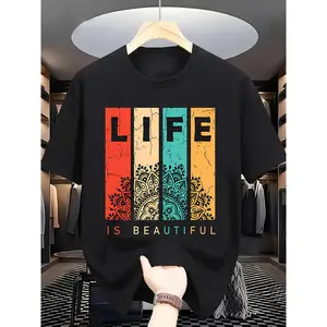 Men's Summer Letter Graphic Tee: Soft & Breathable Cotton Short Sleeve with All-Over Alphabet Print, Classic Crew Neck. Perfect for Casual OOTD, Weekend Street Style, Beach Trips, and Everyday Summer Vibes.
