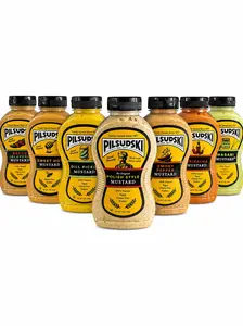 Pilsudski Sampler 7 Pack - All The Flavor In One Delicious Box - Smoky Pepper Mustard, Polish Style Mustard, Sweet Hot Honey Mustard, Bacon Jalapeno Mustard, Dill Pickle Mustard, Sriracha Mustard & Wasabi Mustard - Gluten Free, Kosher Sweethot Sauceset