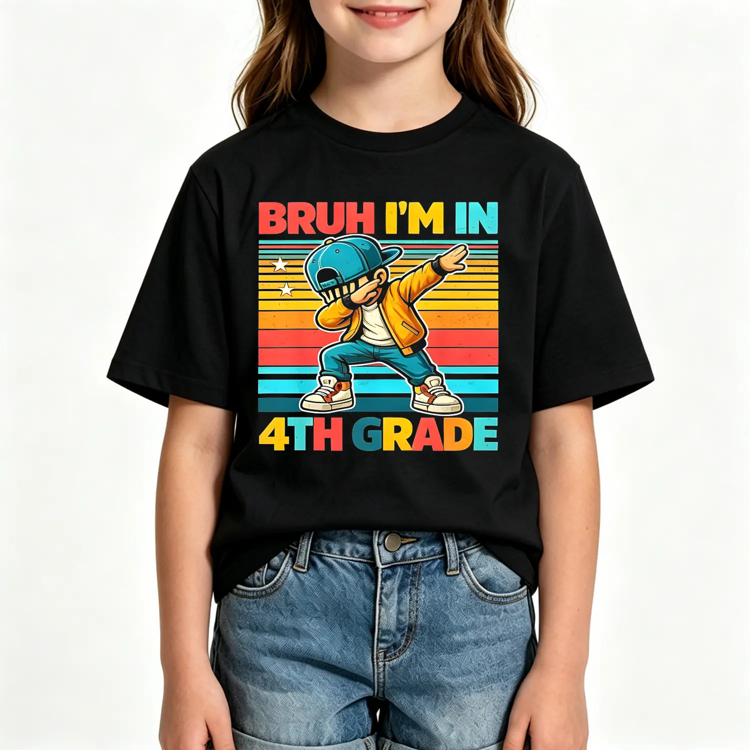 Vintage Bruh Im in 4th Grade First Day School Dabbing Boys Children's Cotton T-shirt