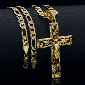 Jesus Crucifix Cross Brass Pendant & 14K Stamped 5mm 20" 24" Figaro Chain Hip Hop Necklace Fashion Jewelry